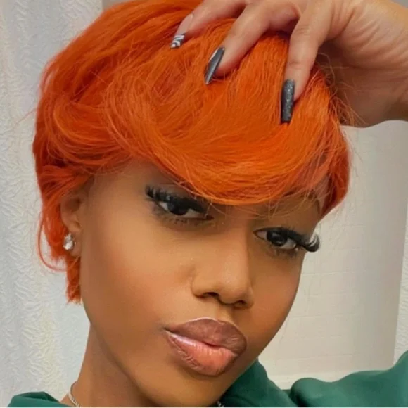 Pixie Cut Real Human Hair Wig Bang Brazilian Straight Orange Wig - Picture 2 of 11
